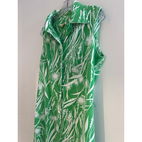 Vintage 1970s Green White Floral Sleeveless Collared Short Dress Small Medium JL - Picture 2 of 6